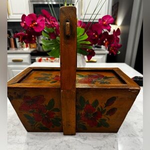 Antique 1930s Hand-Painted Wood Tote Basket Box w/ Handle | Folk Art Fish
